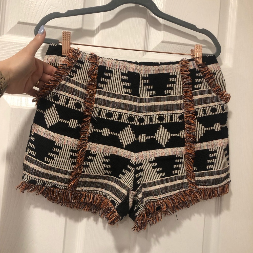 MUST GO 7/26! Molly Bracken Aztec Black and White Shorts with Multi Color Fringe - Picture 2 of 8